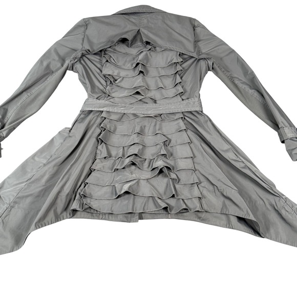 Whimsical BCBG Ophelia Small Belted Ruffle Trench Coat Asymmetrical Flared Hem - Picture 2 of 12